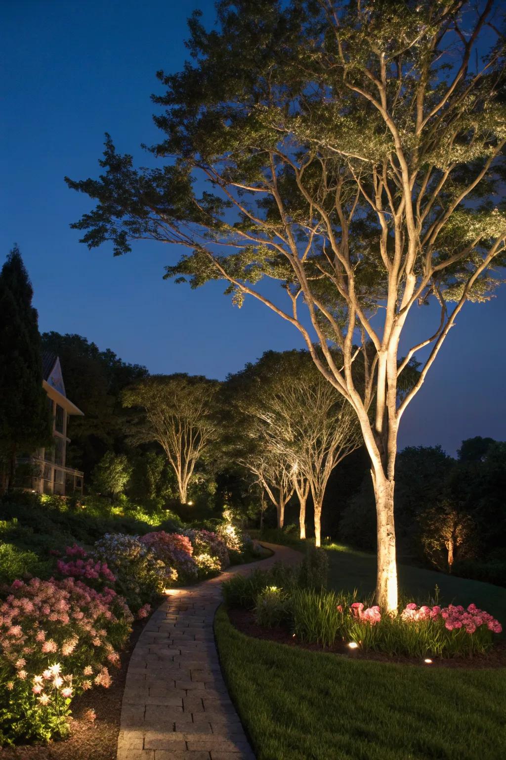 Dramatic solar uplights augment depth and dimension, enhancing treasured garden features with grace.