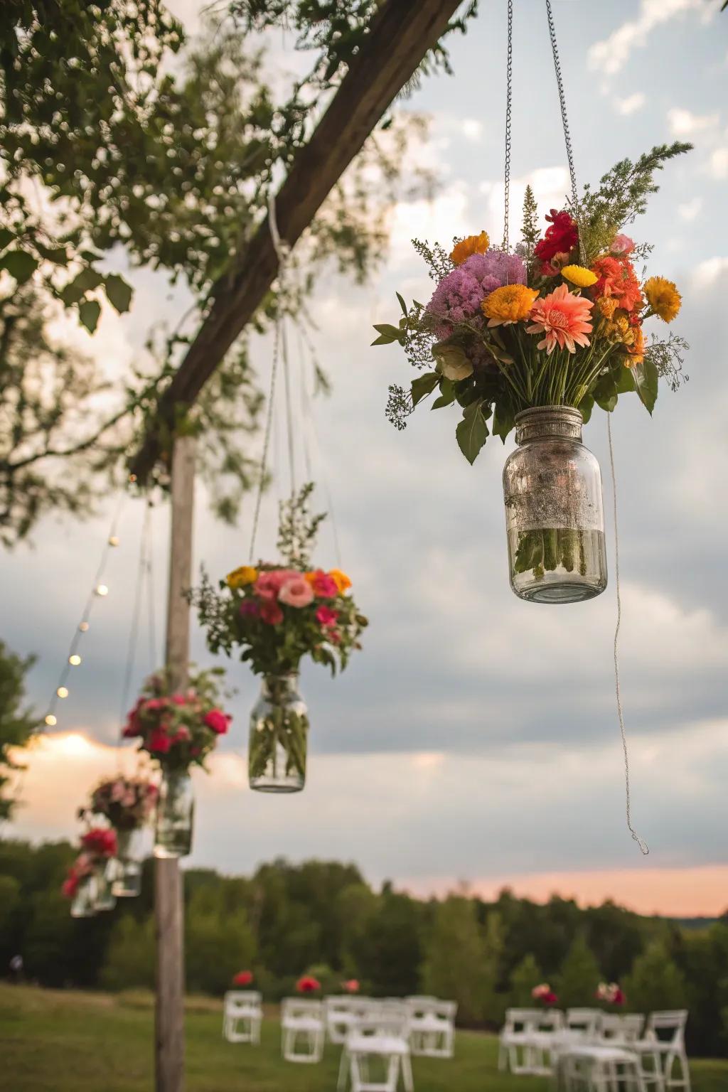 Contribute countryside charm using suspended flower-laden vessels.