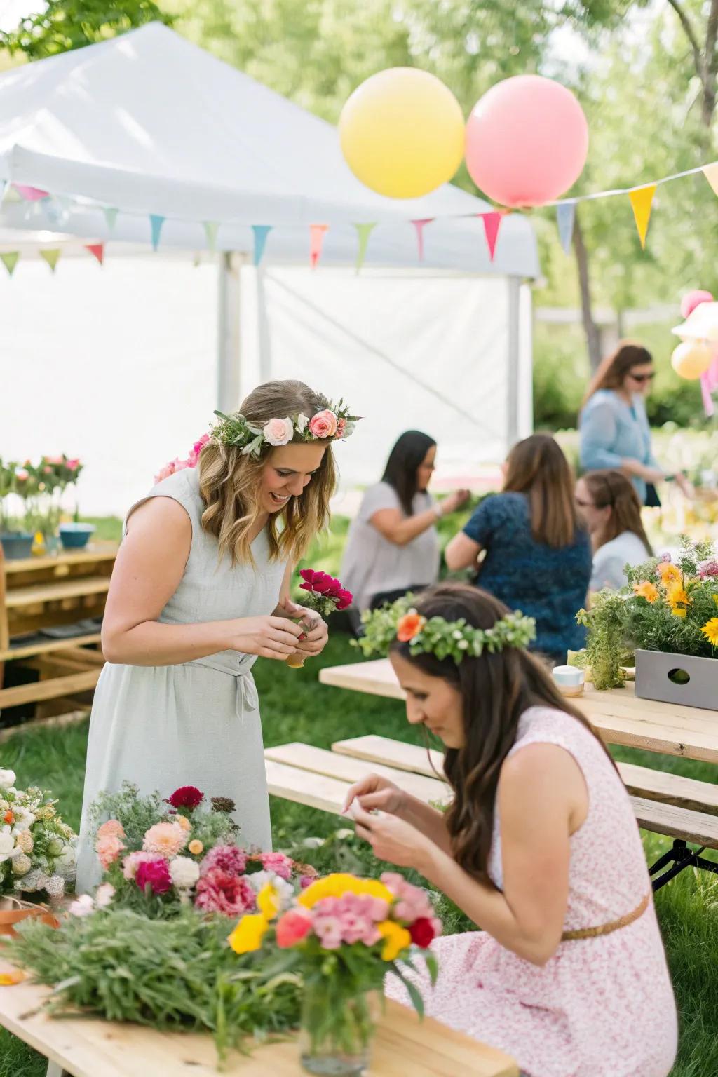 A DIY floral crown station invites creativity and fun.