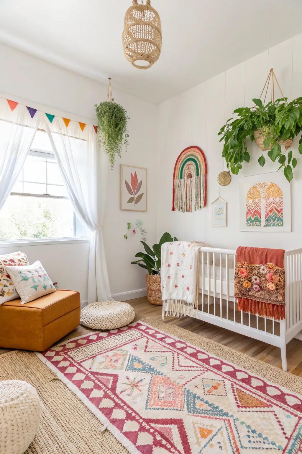 Boho aesthetics with bright whites create a fresh and gender-neutral nursery.