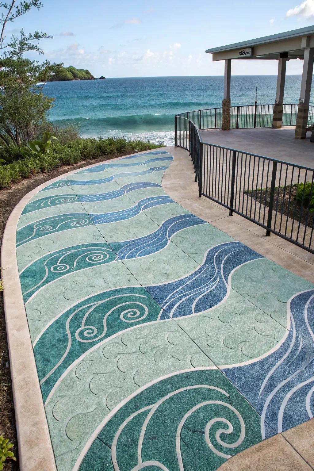 Wave patterns contribute a coastal mood to this patio area.