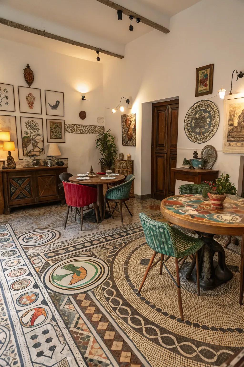 A dining room featuring cultural patchwork painted floors, offering a colorful homage to global art.
