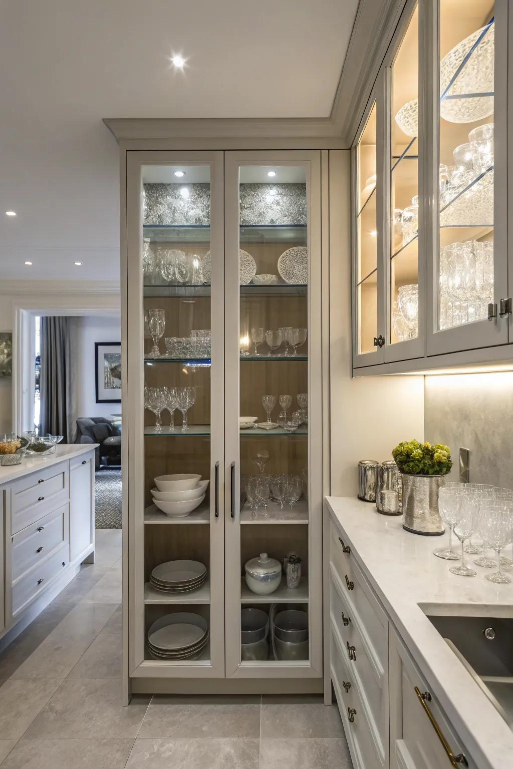 Glass cupboard entrances offer elegance and transparency.