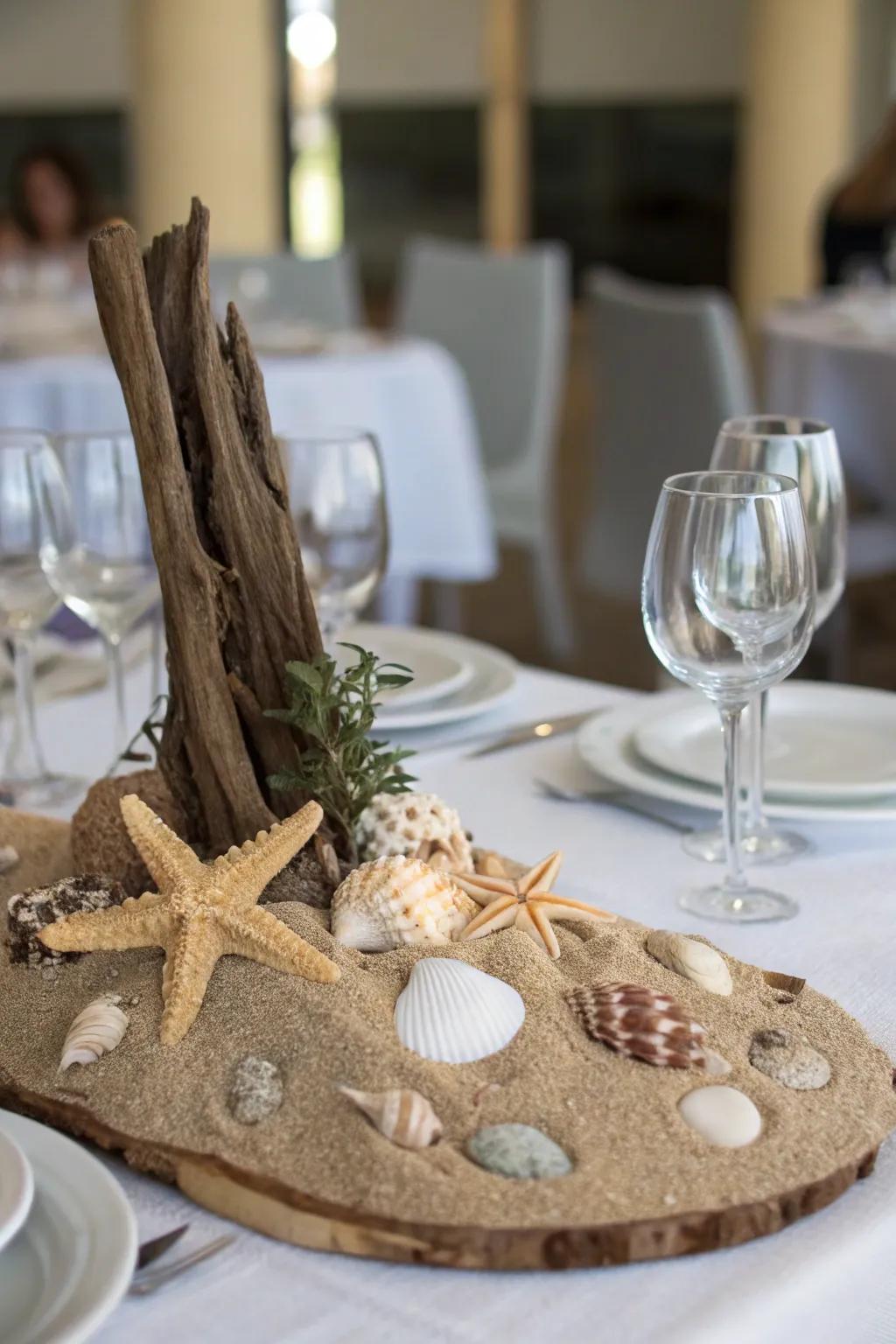 A nautical centerpiece featuring shells and driftwood.
