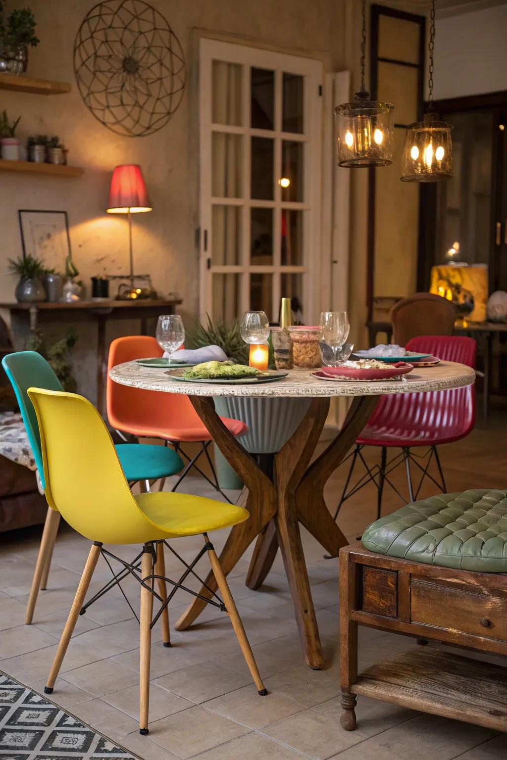 An assorted chair selection introduces a fun, laid-back vibe.