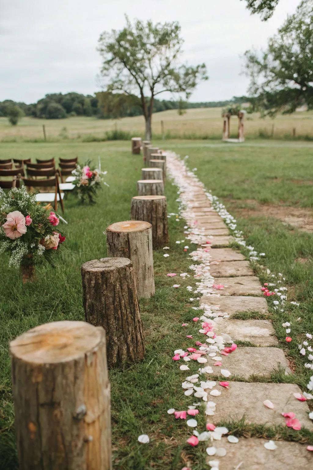 A wedding aisle beautifully designed with natural parts.