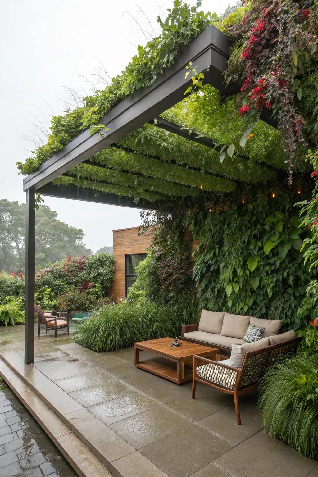 Living wall canopies combine greenery with rain protection.