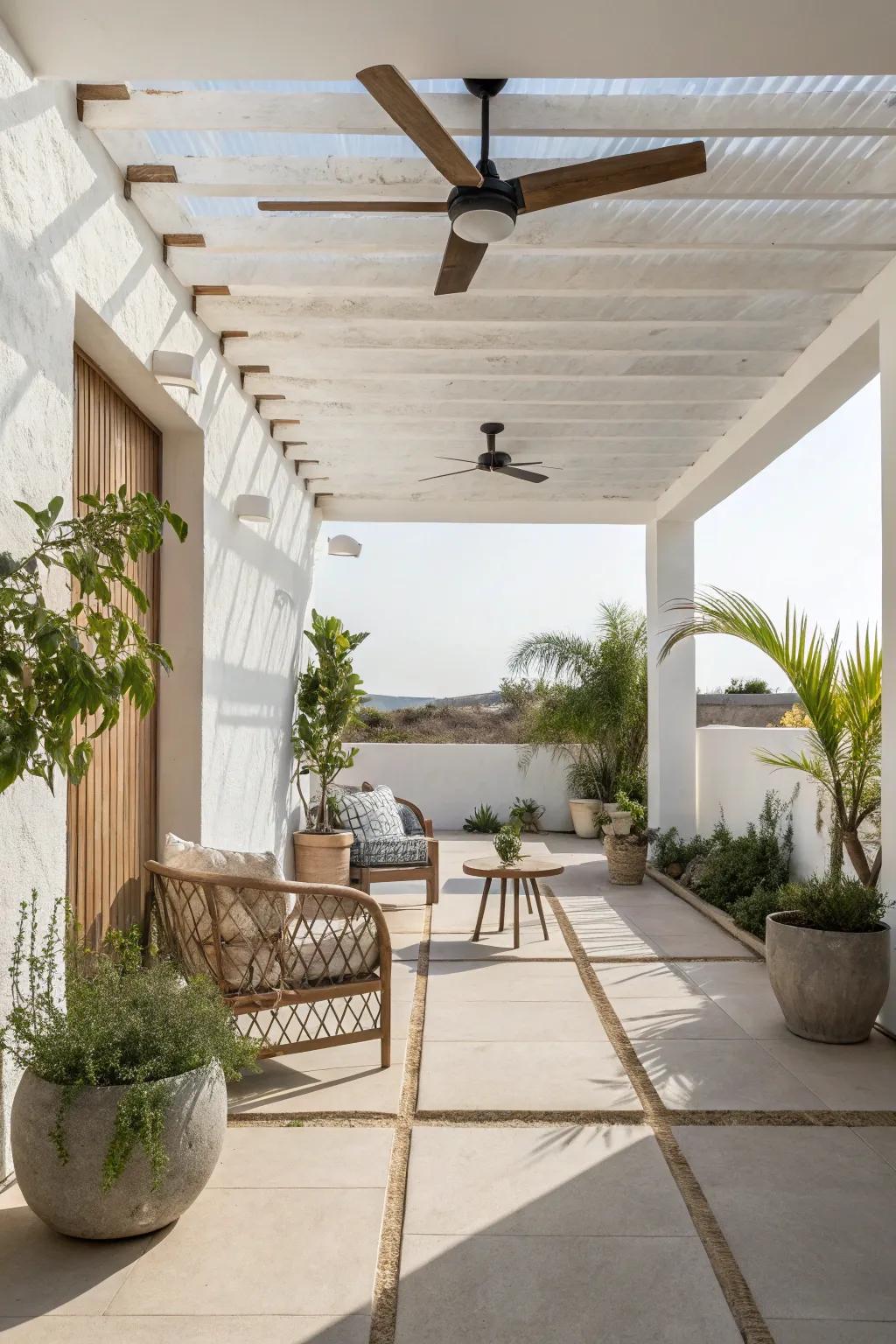 A minimalist patio featuring an unobtrusive ceiling fan.