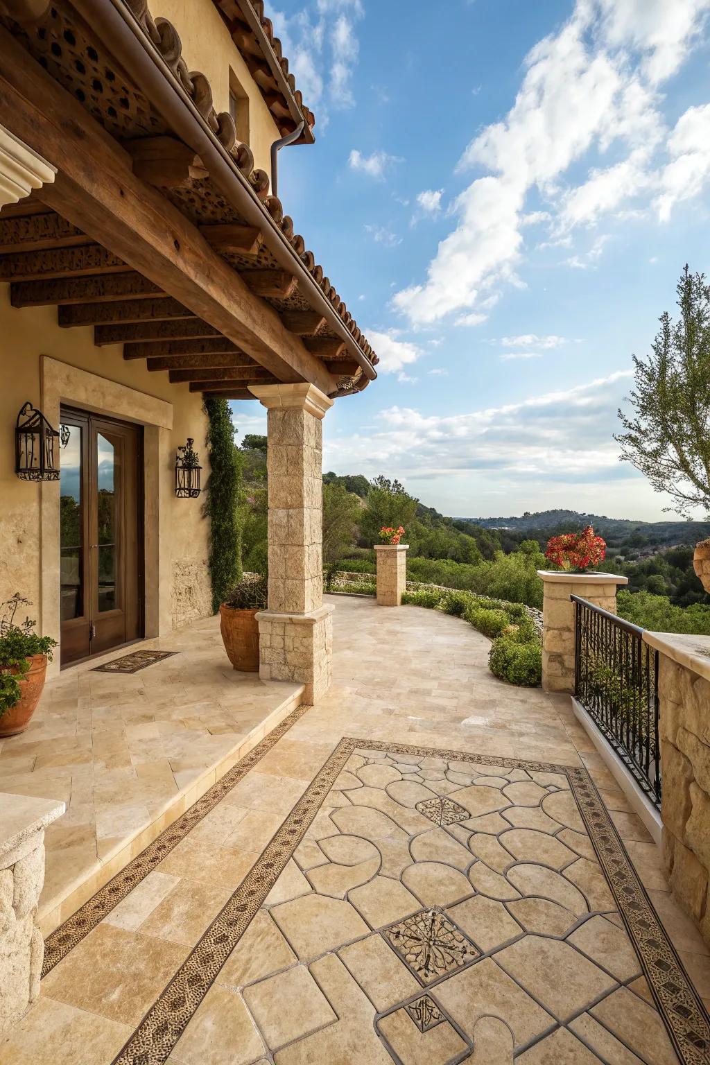 Realize Mediterranean refinement with travertine squares.