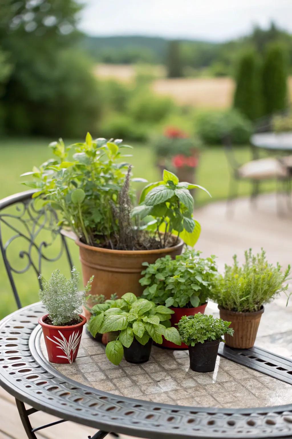Herb display table centerpiece.