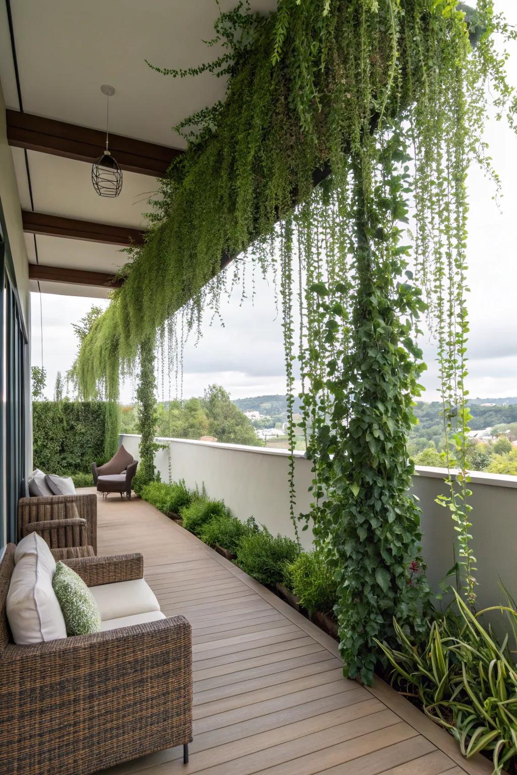 Unite privacy with nature employing suspended vegetation.