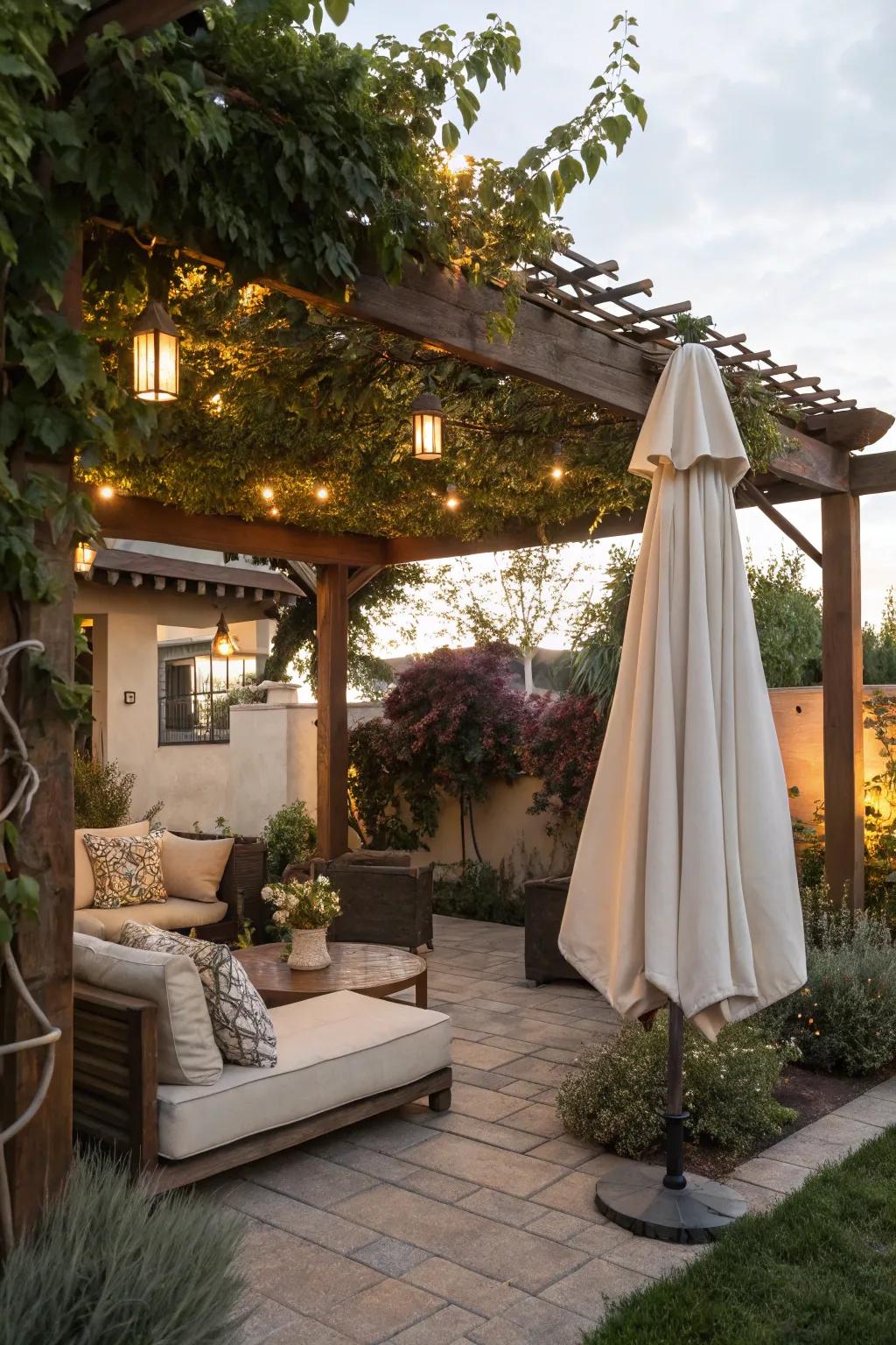 Practical utilization of a pergola intended for suspending umbrella storage.