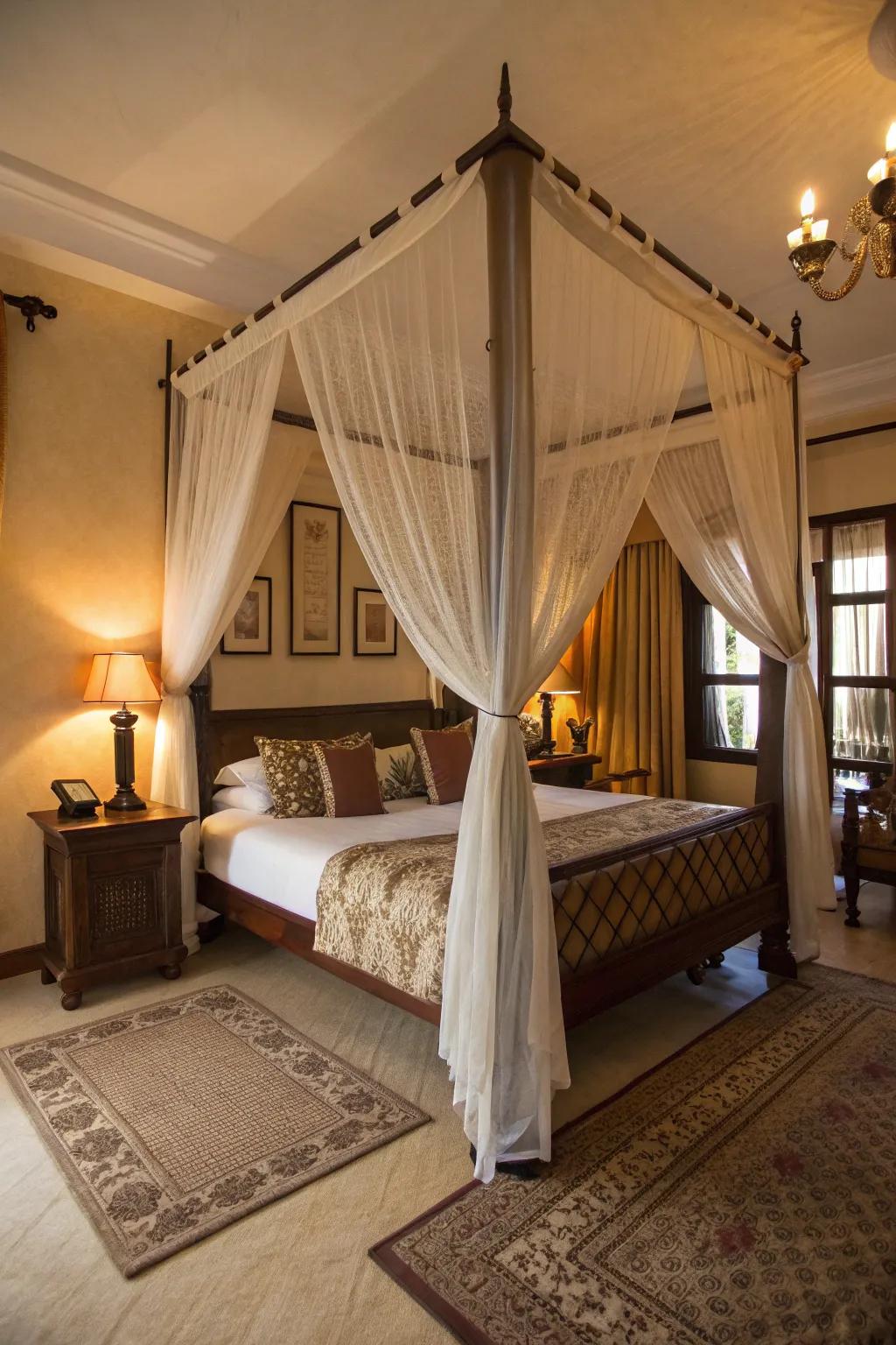 A bedroom featuring a canopy bed that adds elegance and a sense of coziness.