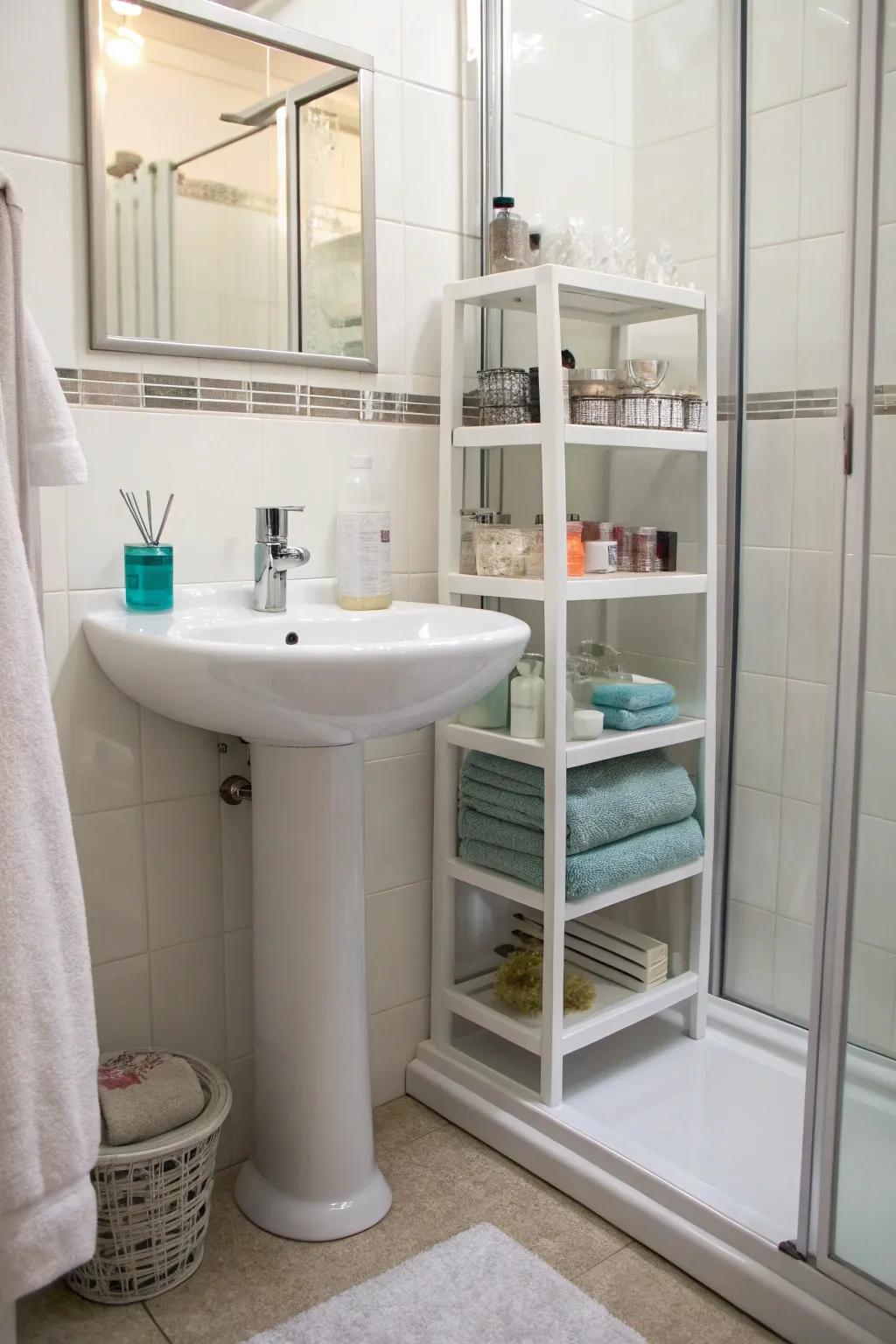 Suction shelves offer extra storage outside the shower.