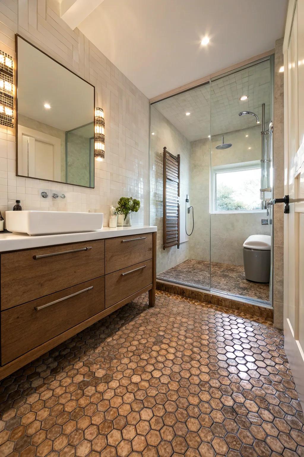 Environmentally mindful design utilizing recycled penny tiles.