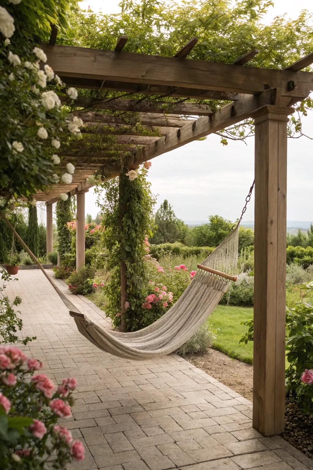 Lounge beds offer ultimate relaxation in shaded pergolas.
