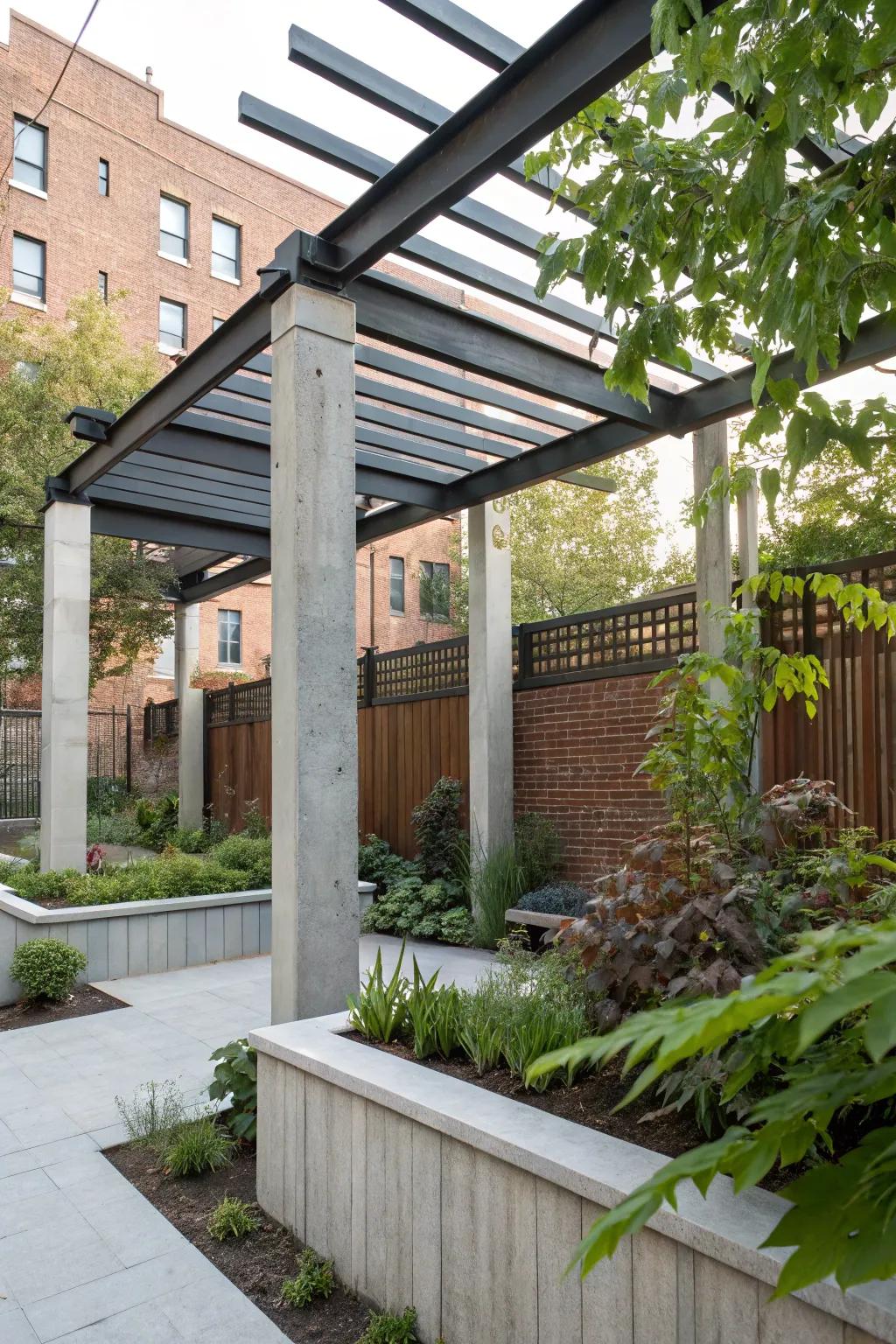An urban edge is added to this pergola by chic industrial design components.