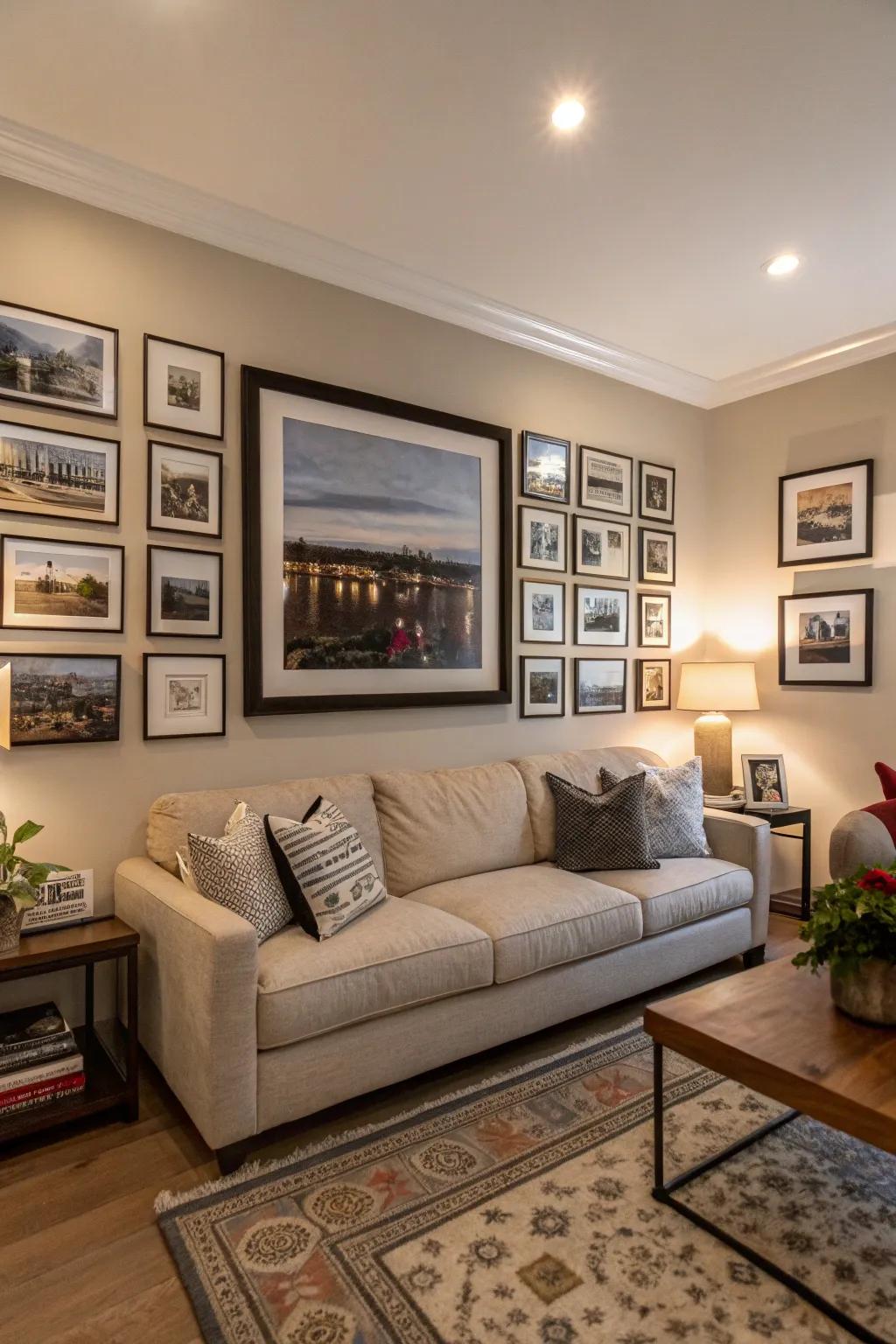 A large statement piece surrounded by smaller frames for impact.