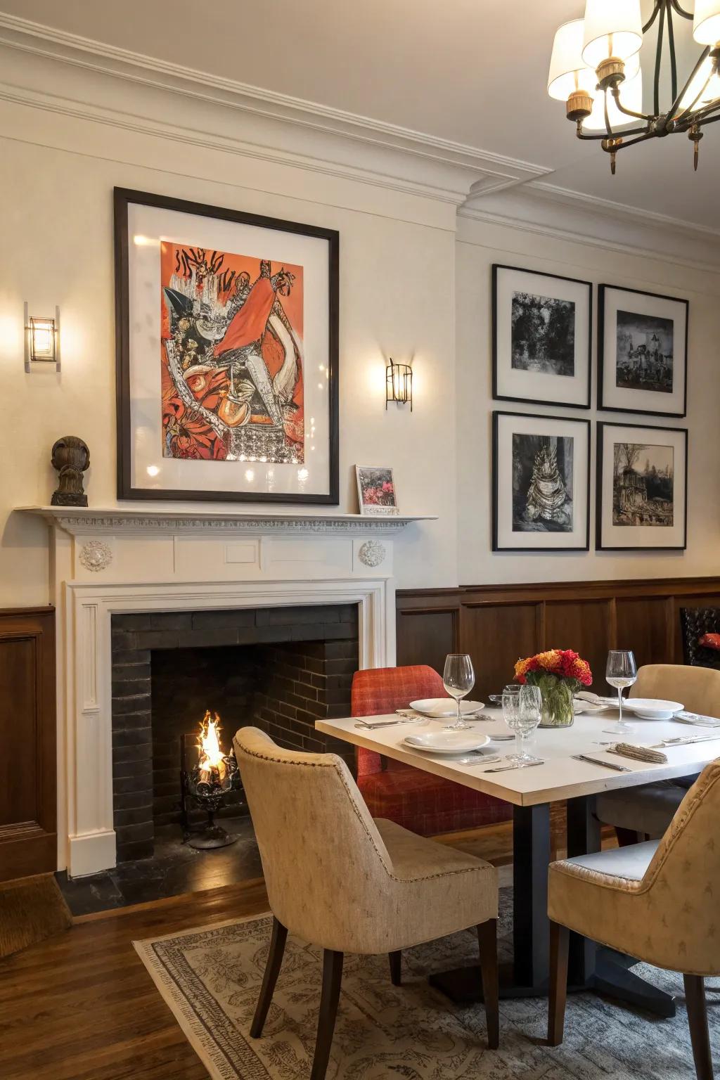 A dining space display ledge sets up an art exhibition atmosphere.