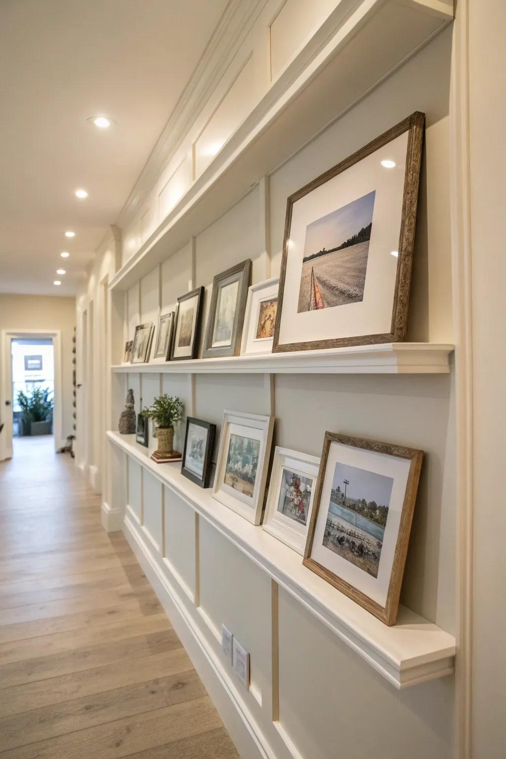 Floating ledge illusion with picture ledges matching wall color.