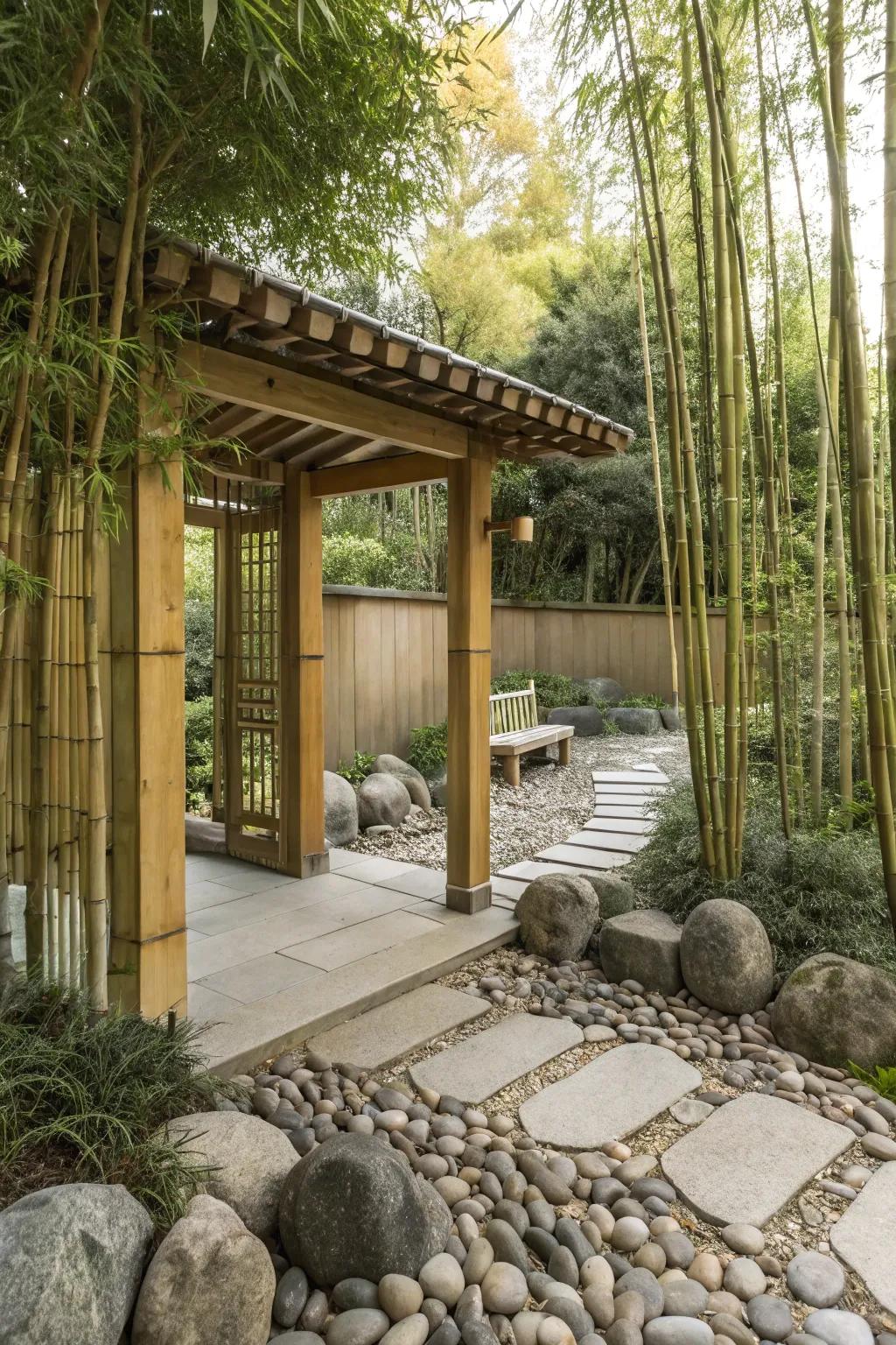 A Zen garden arbor provides a serene space for relaxation, meditation, and peaceful contemplation.