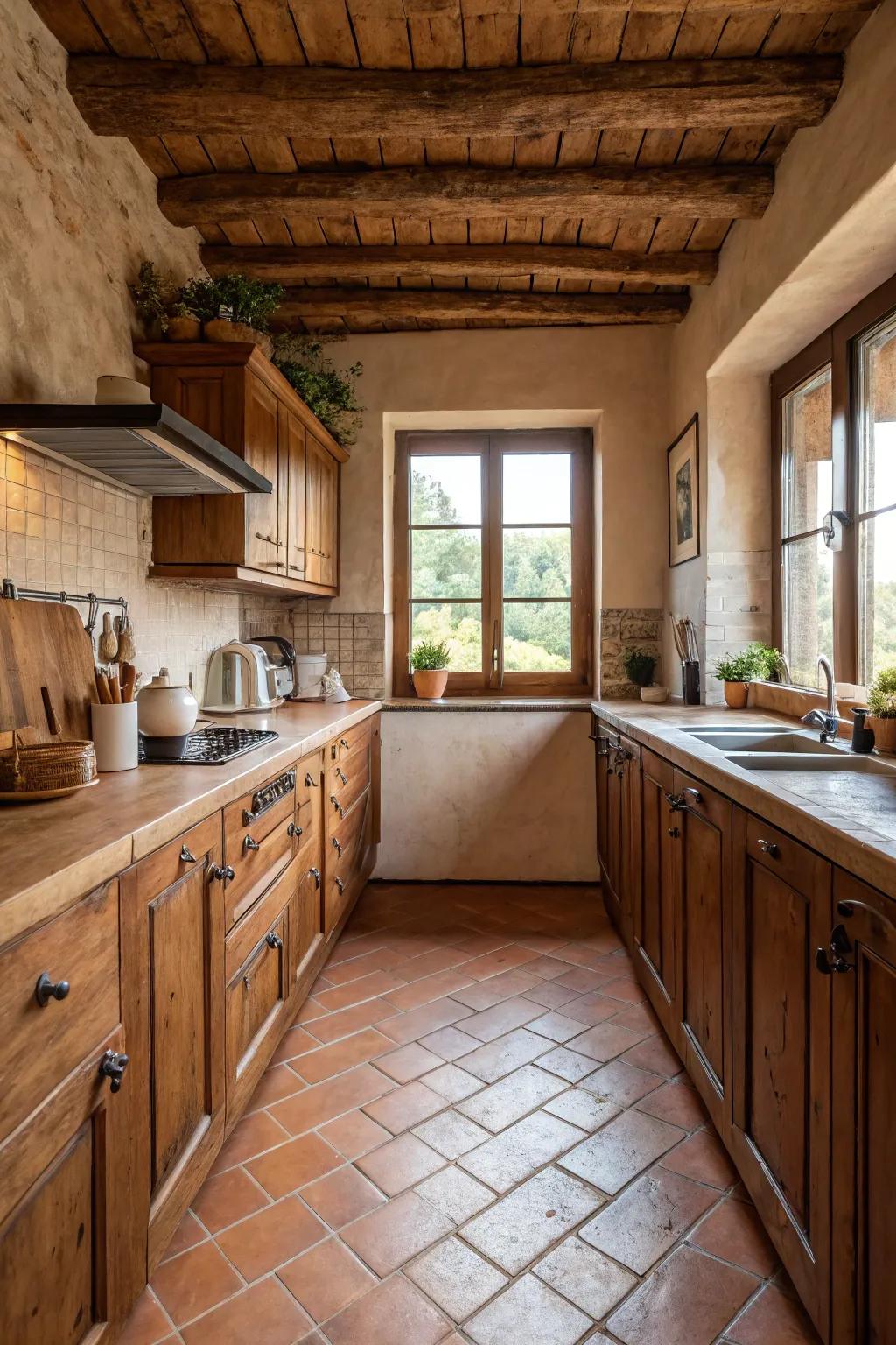 Baked earth tiles bring Mediterranean warmth to kitchens.
