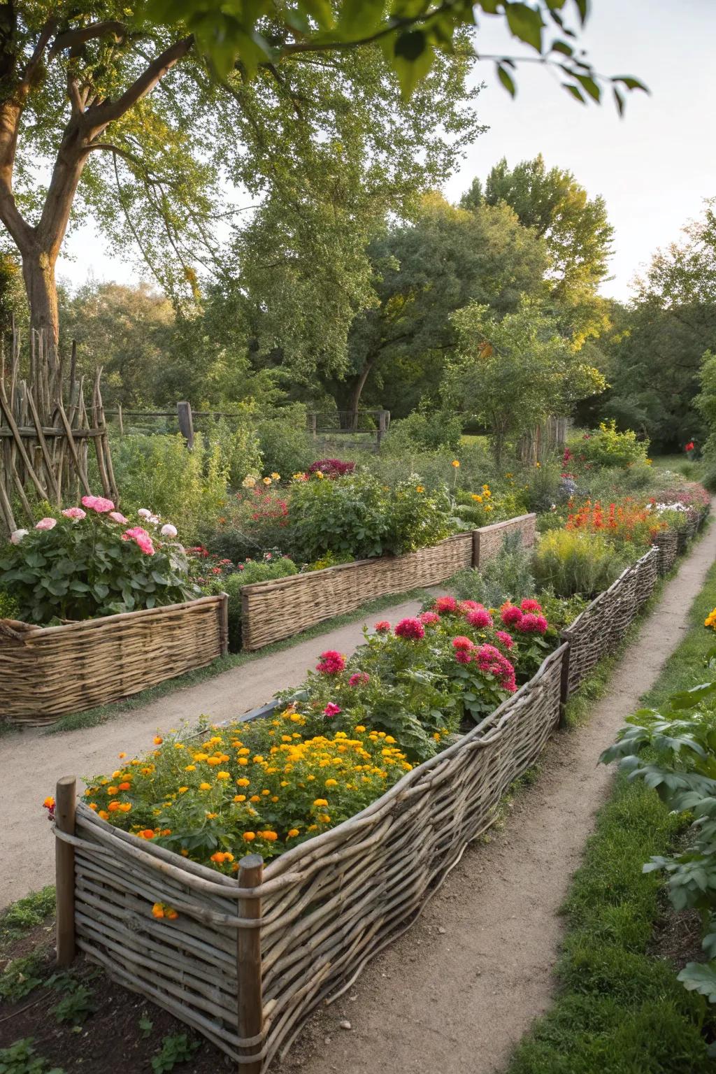 Add rustic charm with whimsical wattle fencing for your raised beds.
