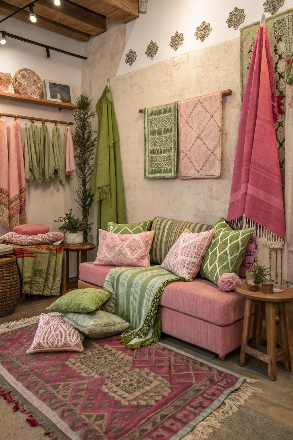 Personality and warmth are added with varied weaves in pink and green.