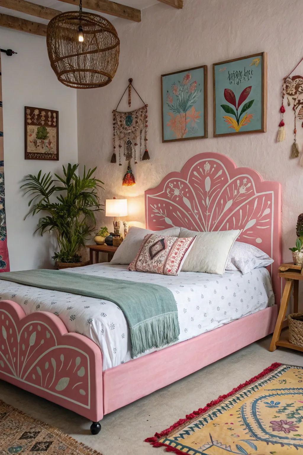 A creative and engaging bedroom starring a painted pink headboard.