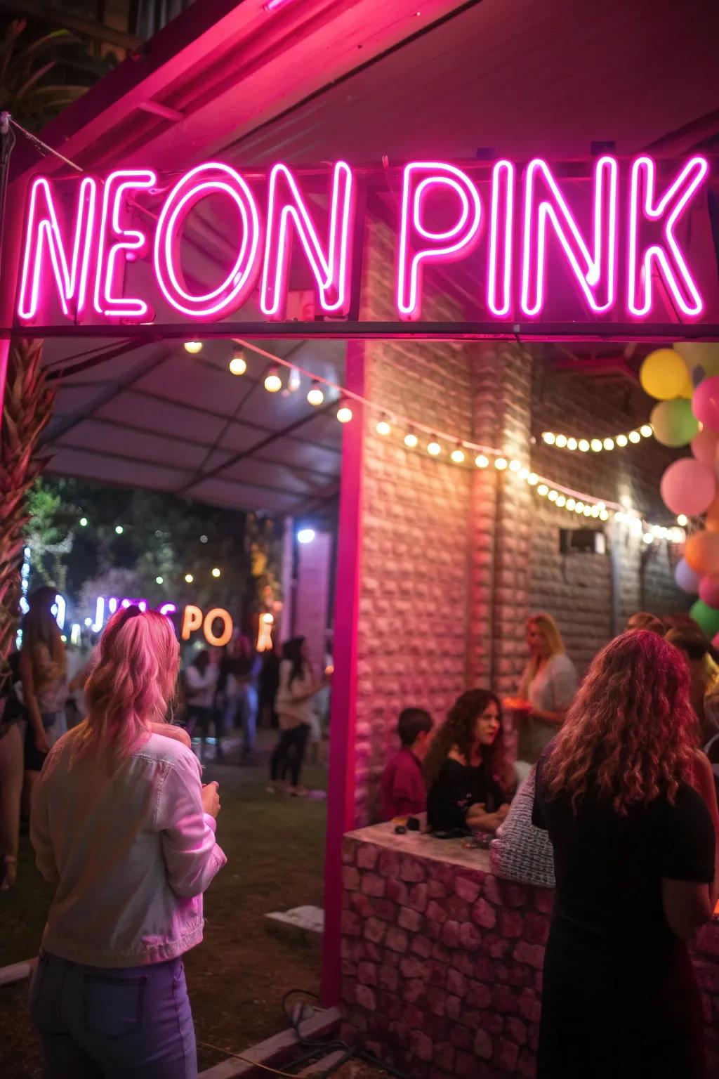 Neon roseate signage contributes flair and glamour to the party décor.