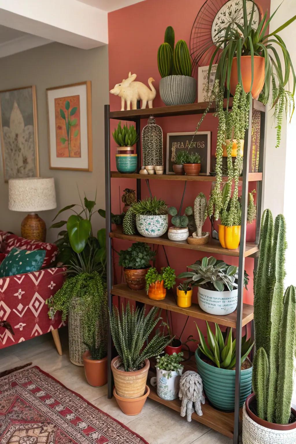 An eclectic plant shelf showcasing personality and fun.