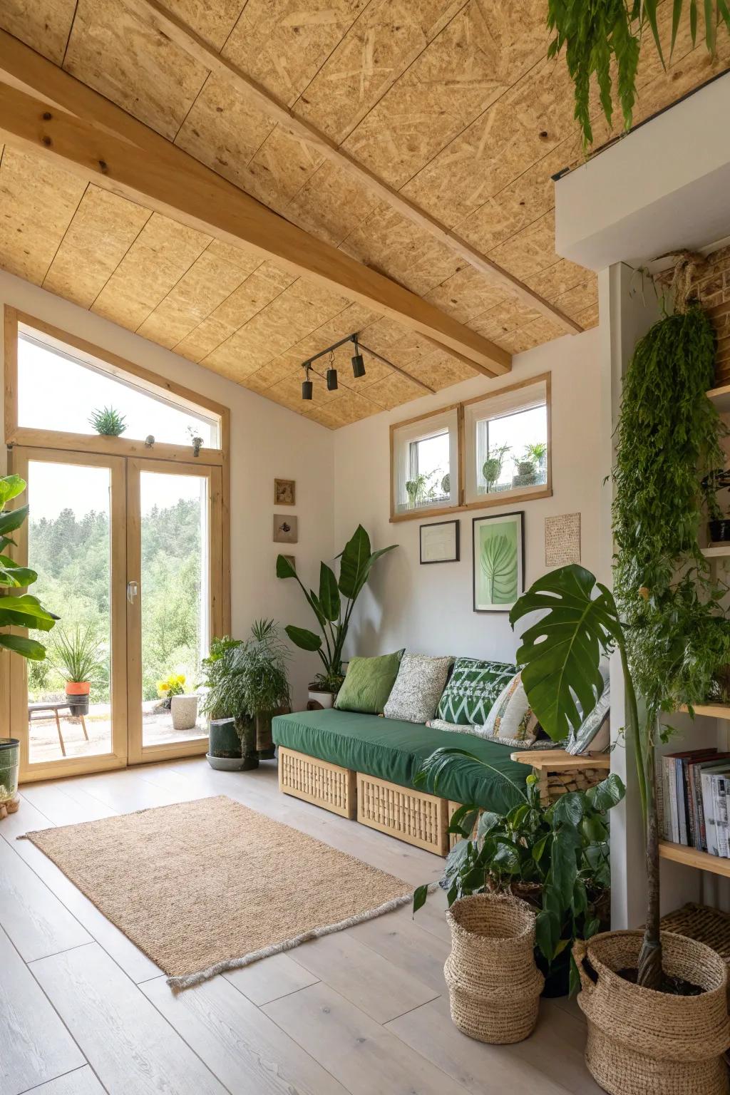 An eco-conscious home featuring a sustainably sourced plywood ceiling.