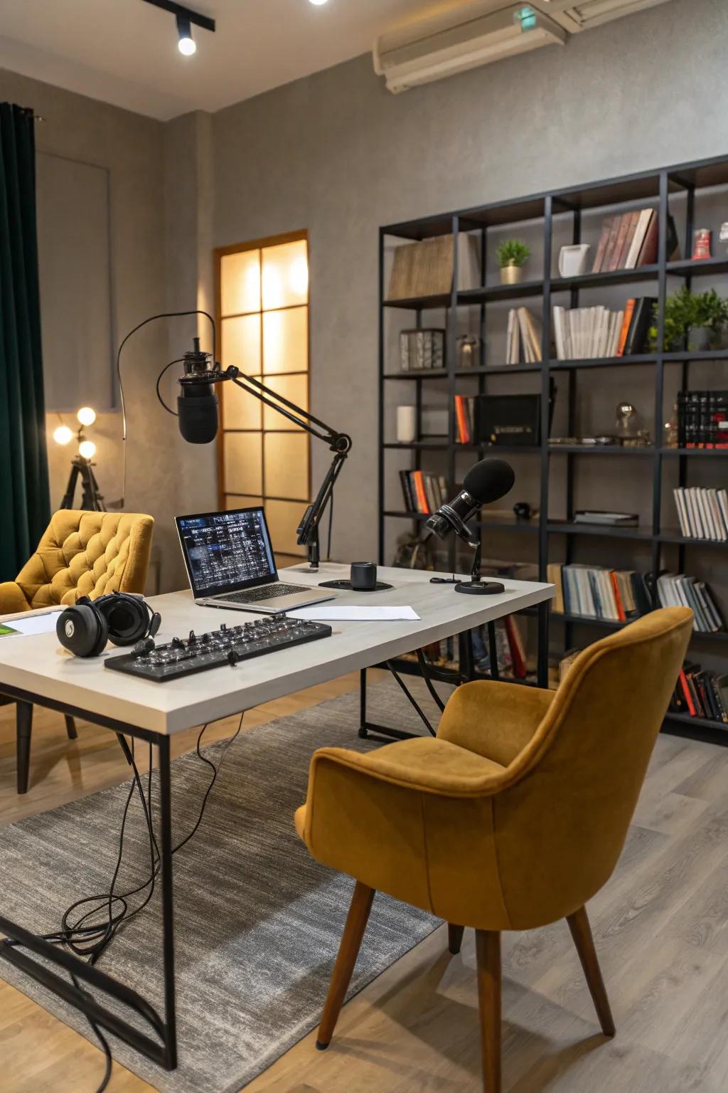 A podcast studio combining vintage and modern styles.