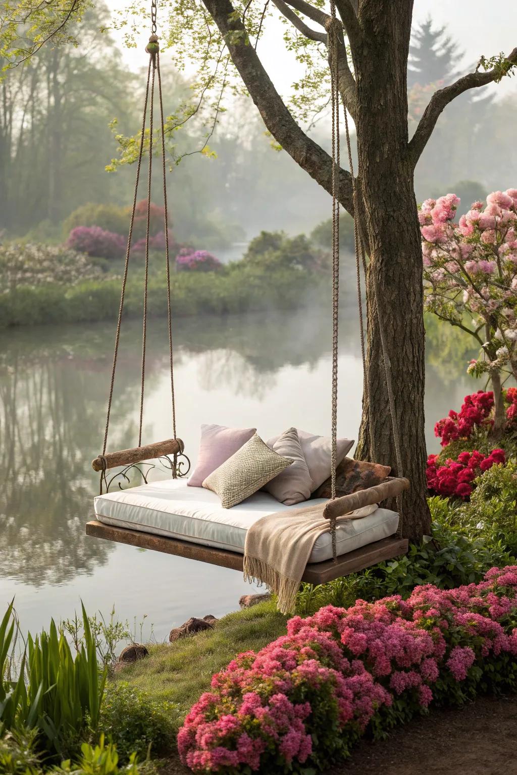 A swing bed extends a luxurious and dreamy seating choice by the pond.