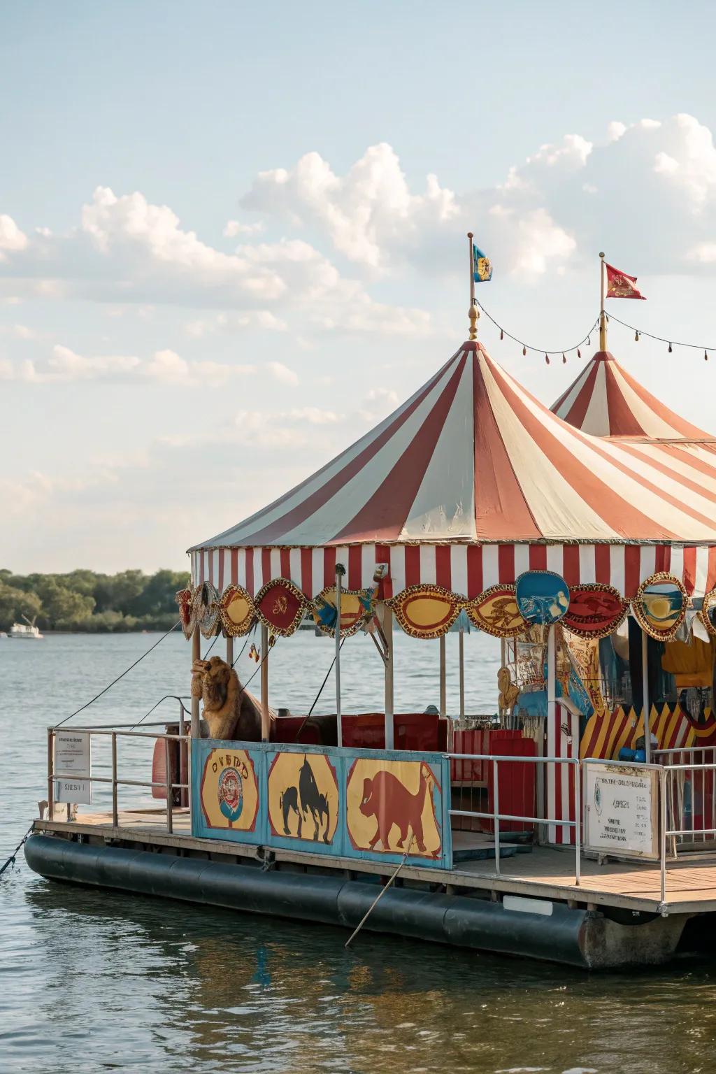 A pontoon boat with a vintage arena theme, abundant with amusement and excitement.