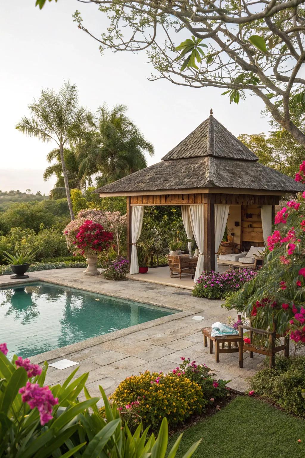 A landscaped cabana enveloped in rich, vibrant greenery.