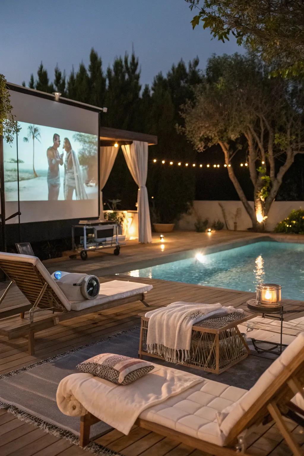 An outdoor theater setup offers poolside entertainment.