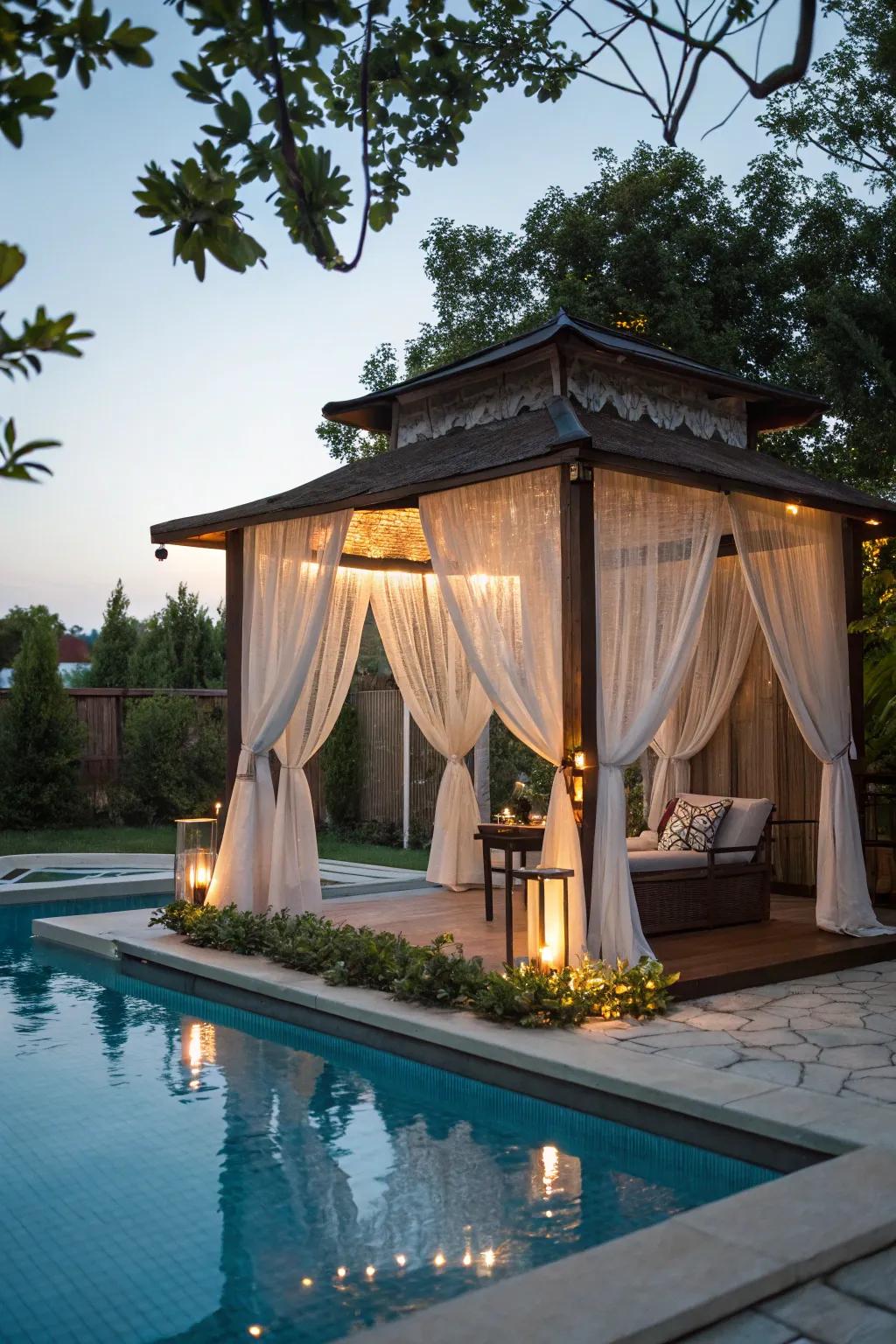 Sheer drapery adds a touch of romance to the gazebo.
