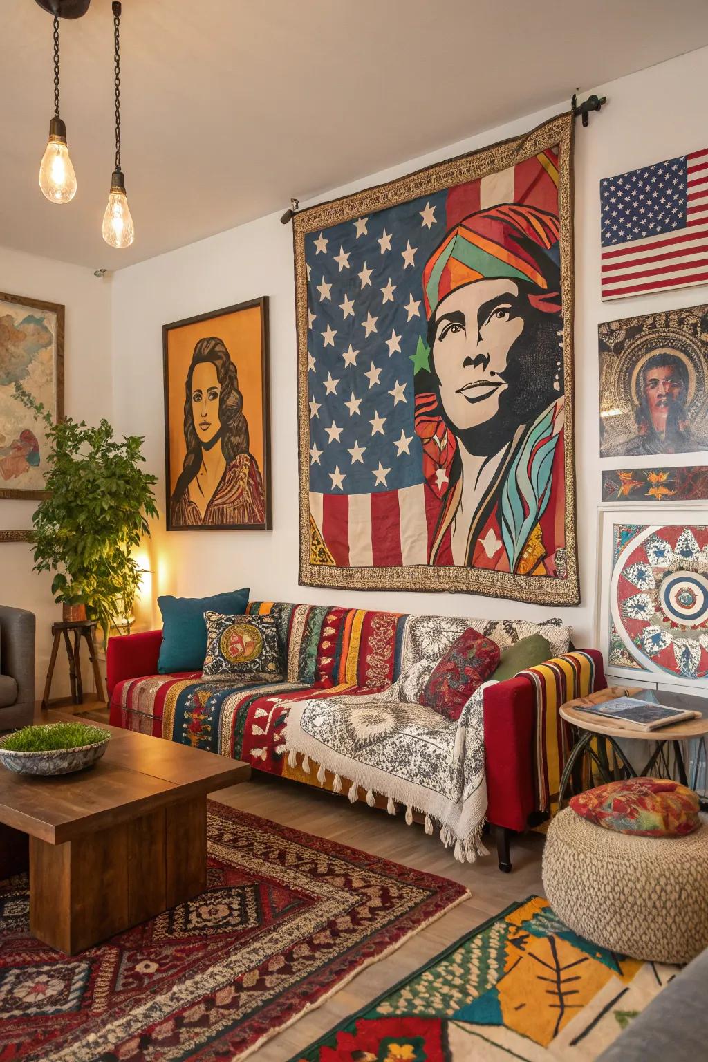 A unique pop art illustration featuring a cultural blend in a bohemian space.