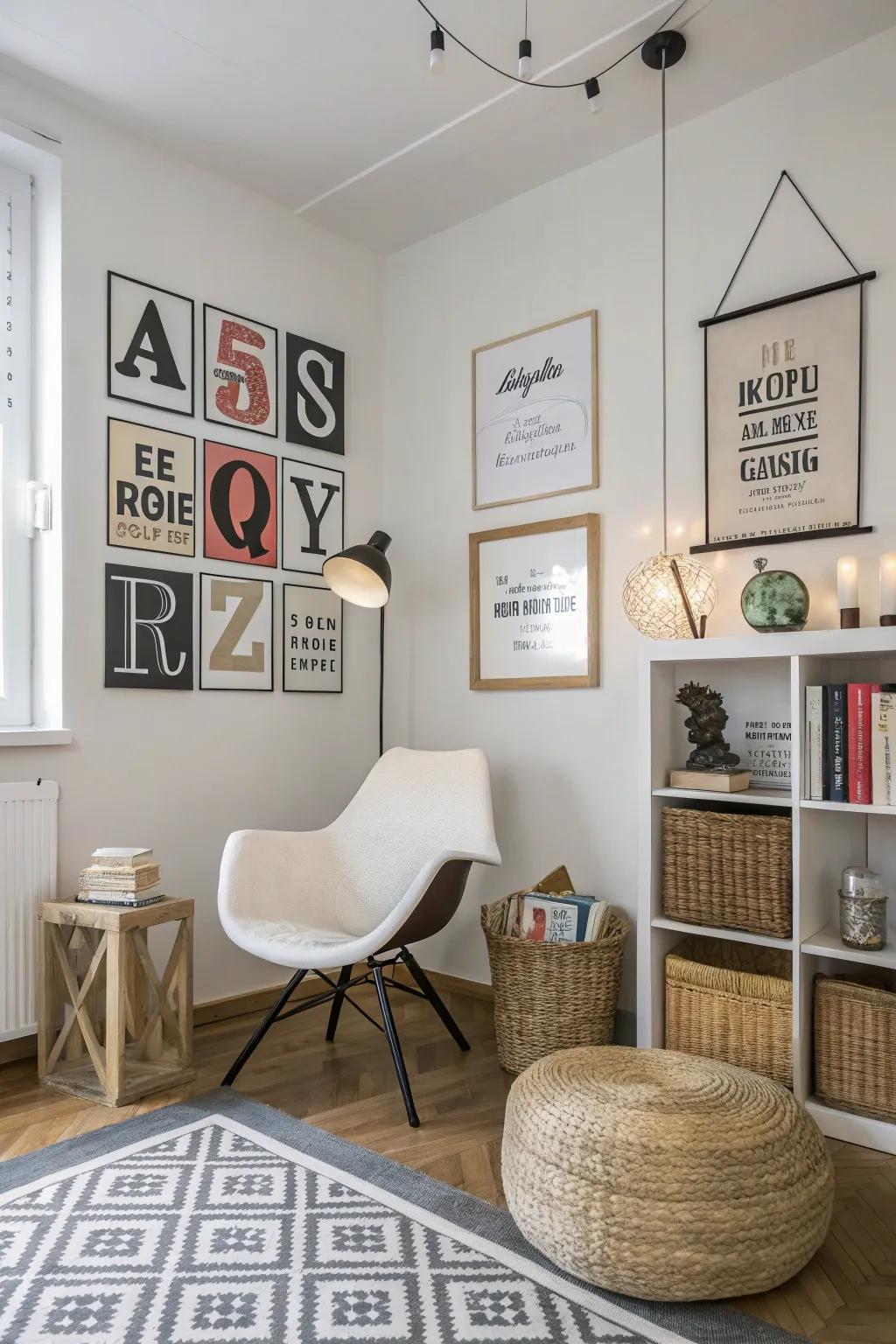 A stylish room featuring powerful lettering posters.