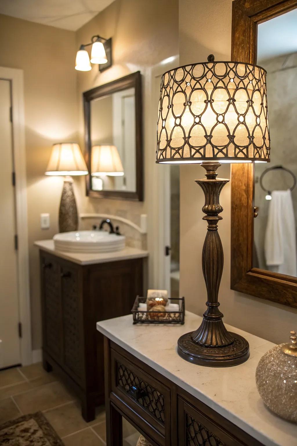 An artistic lamp serves as a bold statement piece.