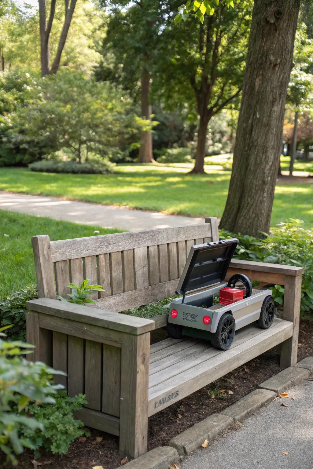 Hidden compartments seamlessly storing ride-on toys.