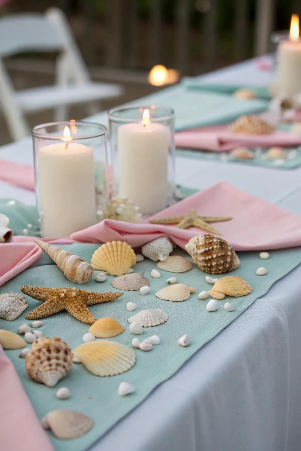 Seashells add a beachy and elegant touch to the table decor.