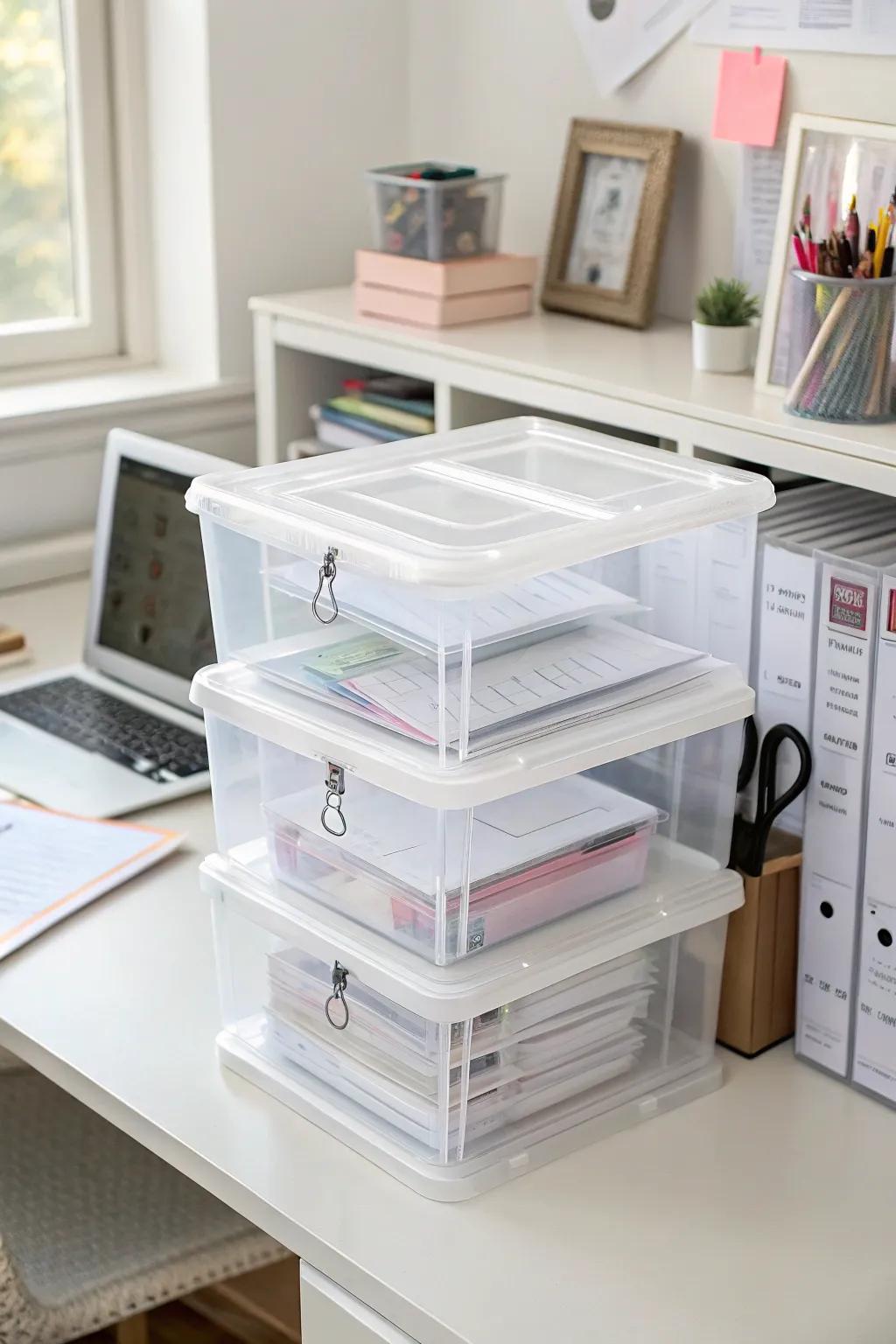 Transparent storage boxes offer paper storage that is both visible and secure.