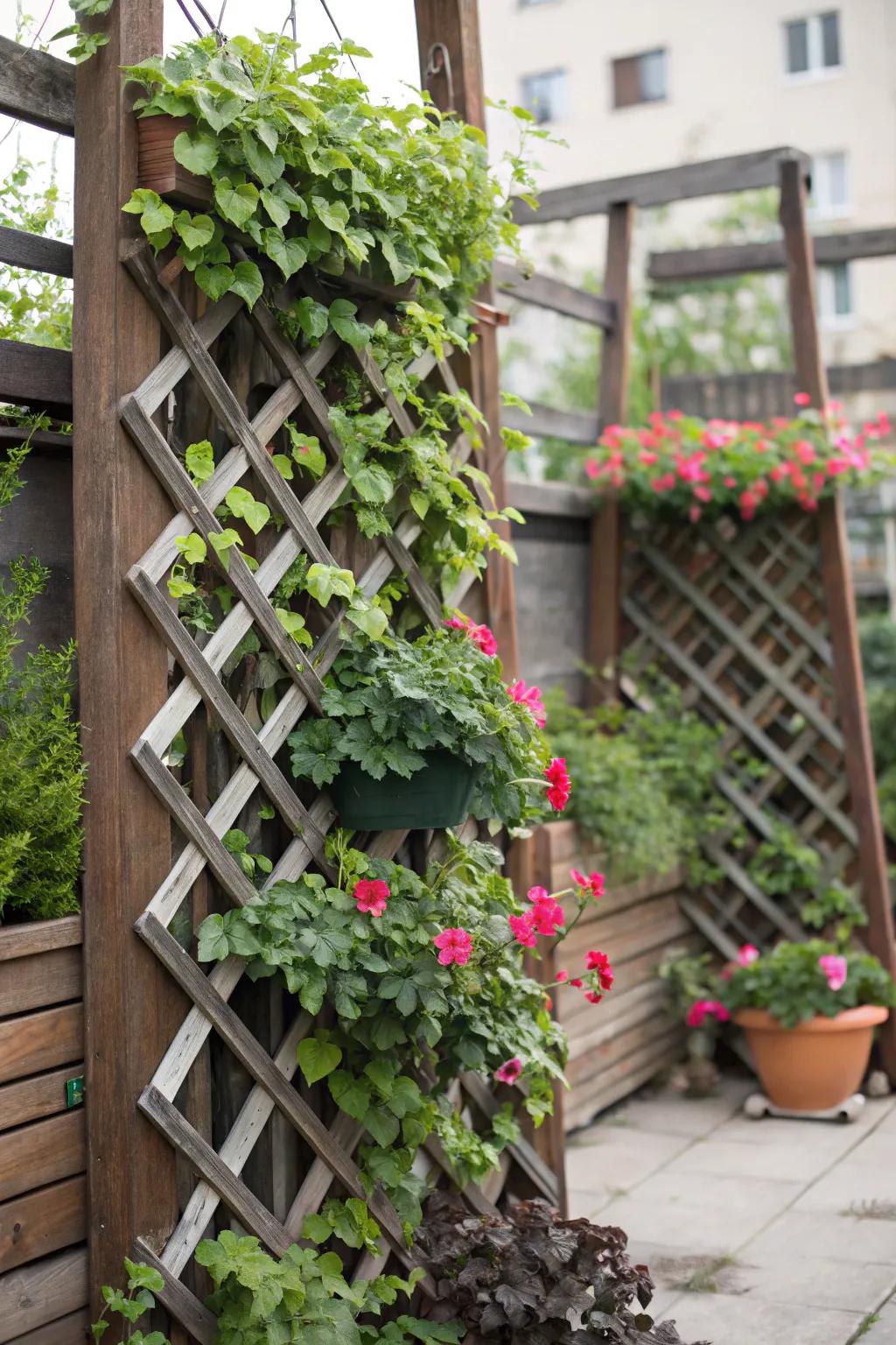 Add privacy and dimension with a multi-layered trellis setup.