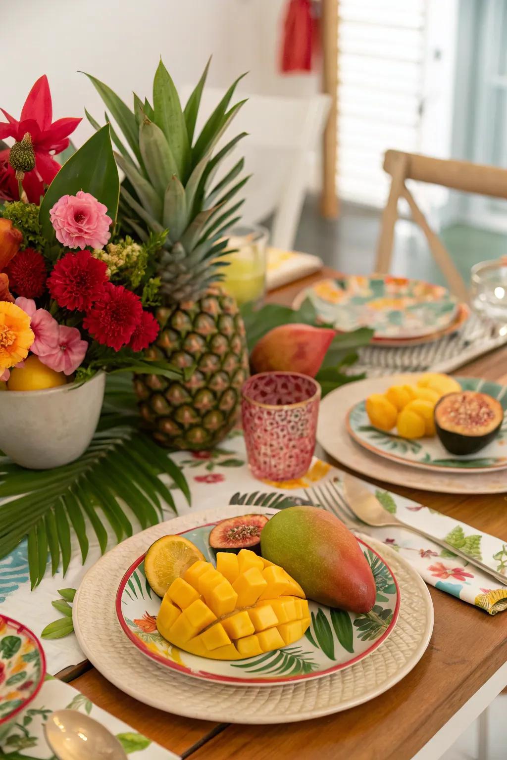 A table decorated with a tropical theme, showing off exotic fruits and bright colors.