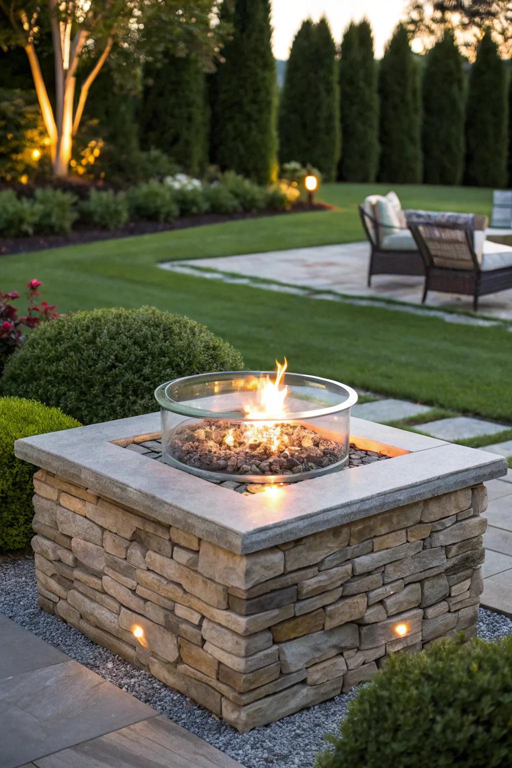Create visual interest with a propane fire pit that mixes different materials.