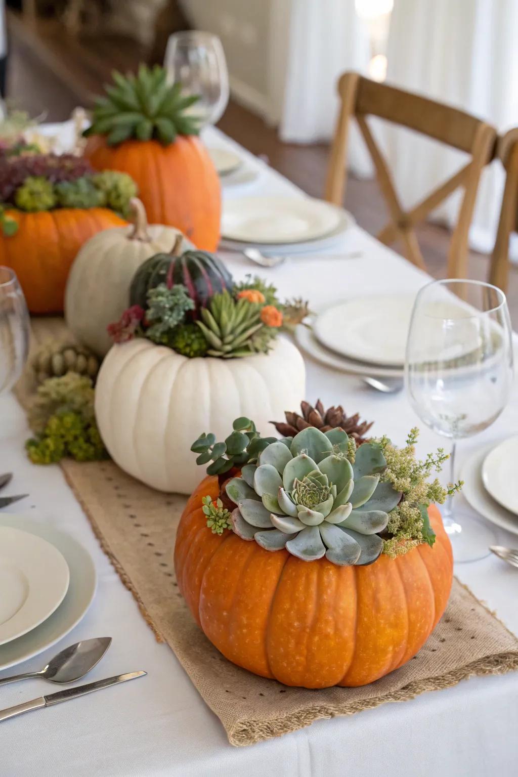 Mix nature and style with plant-topped pumpkins.
