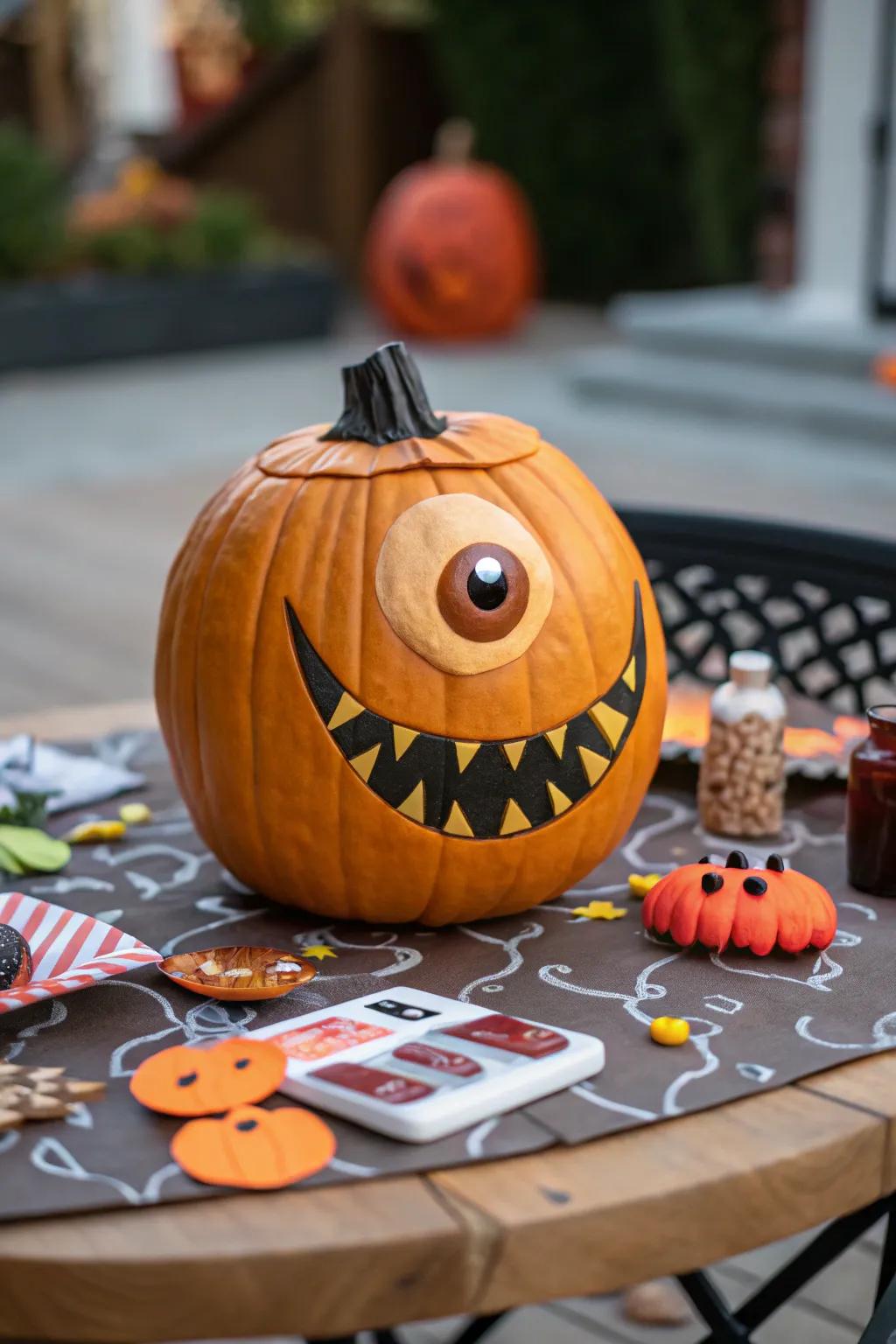 Quirky one-eyed pumpkin that's both fun and unique.