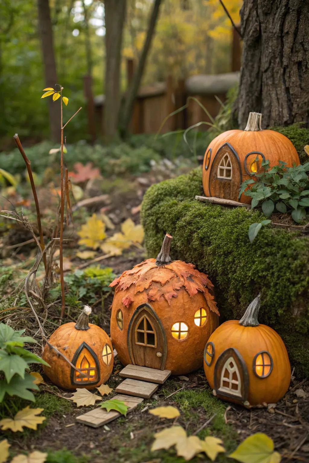 Charming miniature pumpkin residences gracing the garden.